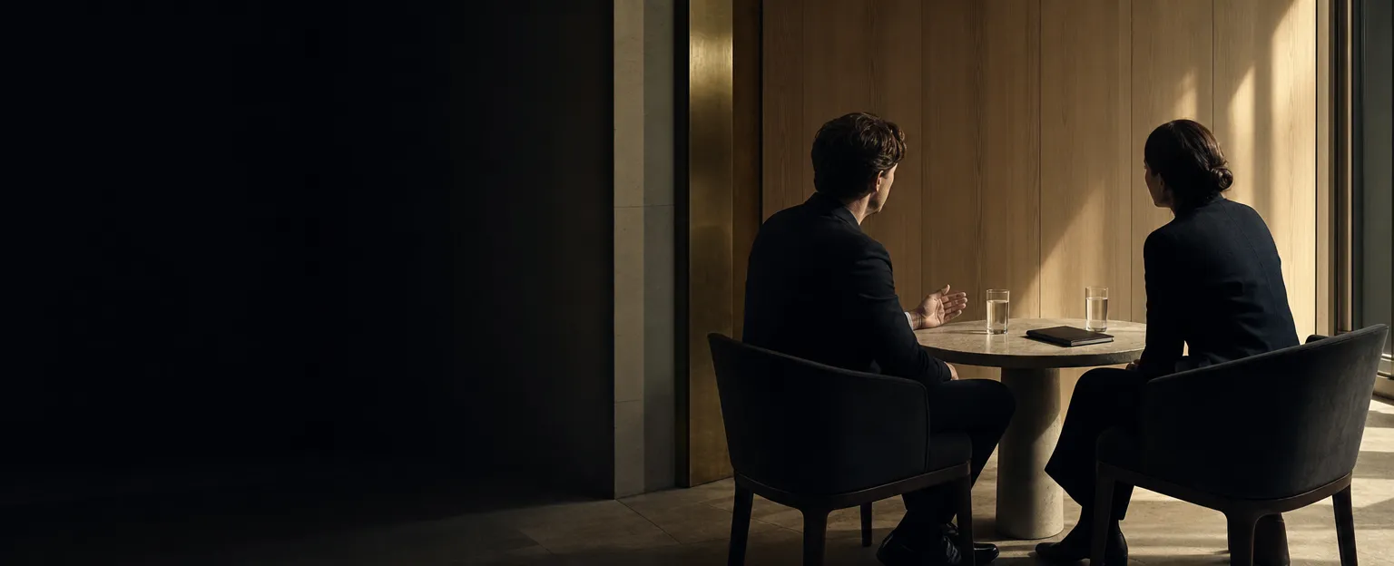 Dos personas conversando sentadas a una mesa redonda en una alcoba de reunión reservada