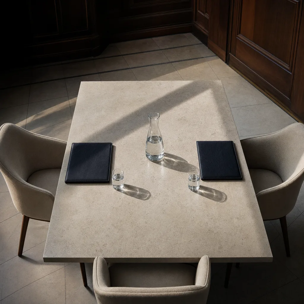 Mesa de reunión preparada de forma simétrica para dos partes: dos carpetas cerradas, dos vasos y una jarra de agua en el centro.