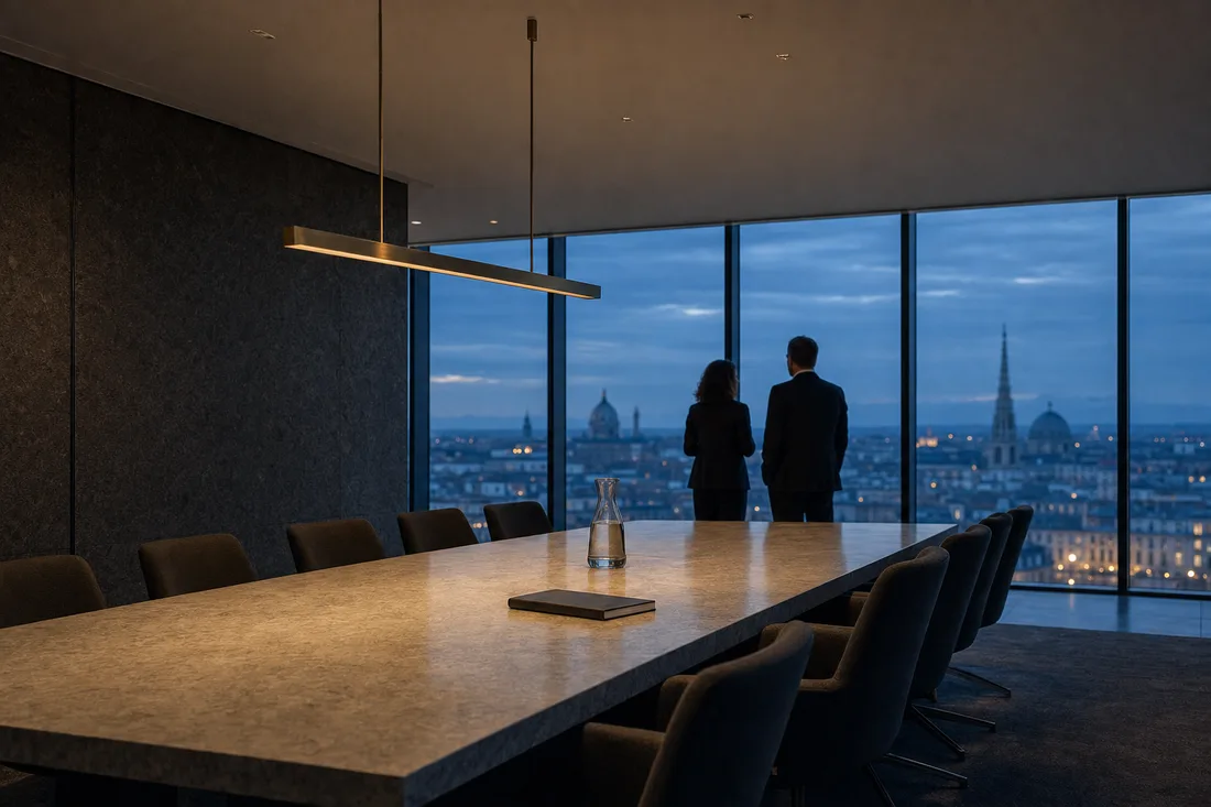 Sala de consejo de una empresa al anochecer, preparada para una reunión