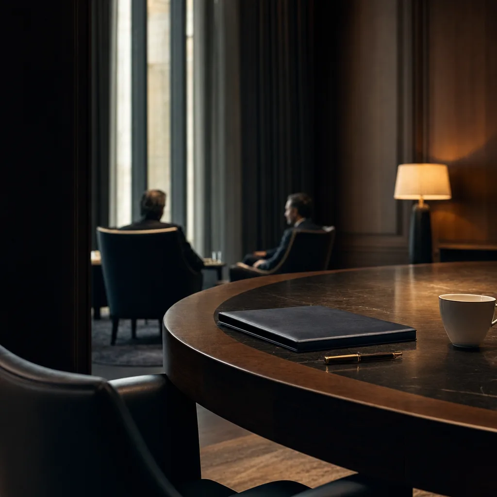 Sala de reuniones privada en un entorno profesional, con una carpeta cerrada sobre la mesa y dos personas conversando al fondo