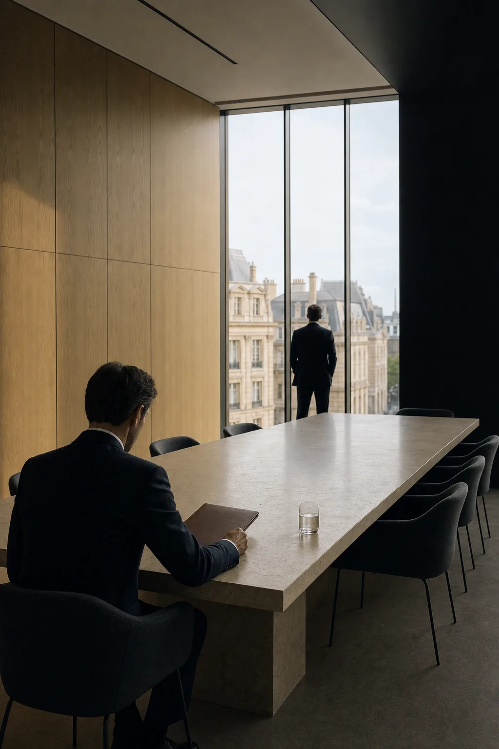 Sala de reuniones de una empresa a la luz del día: una persona revisa una carpeta cerrada mientras otra observa por el ventanal