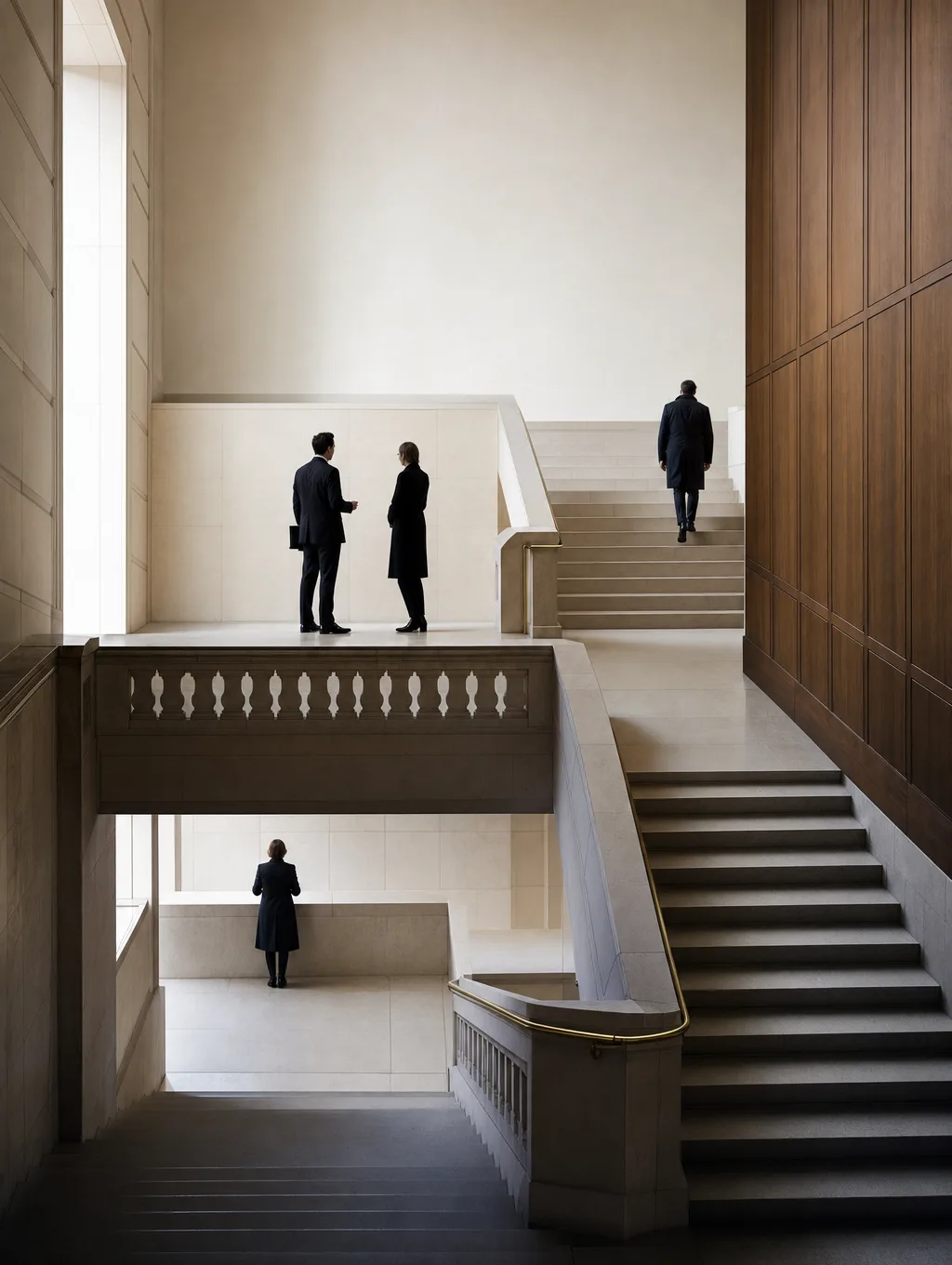Varios profesionales, vistos de espaldas y a distancia, distribuidos por los niveles de una escalera de piedra en un edificio institucional